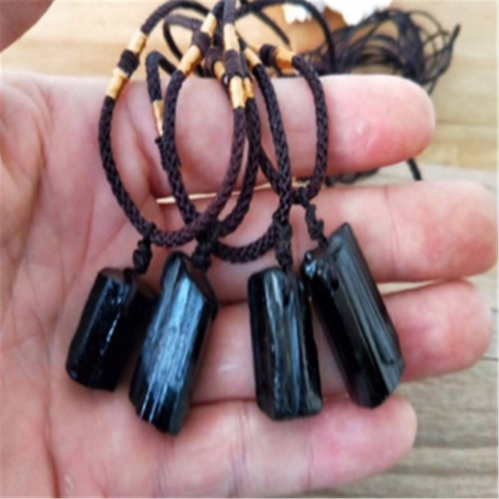 Women Natural Black Tourmaline Stone Pendant Necklace Crystal Gem Specimen Retro