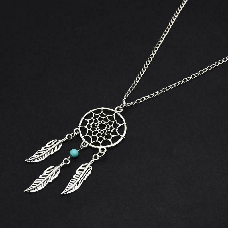 Women's Dangling Leave Charms Filigree Tribal Dream Catcher Pendant Necklace
