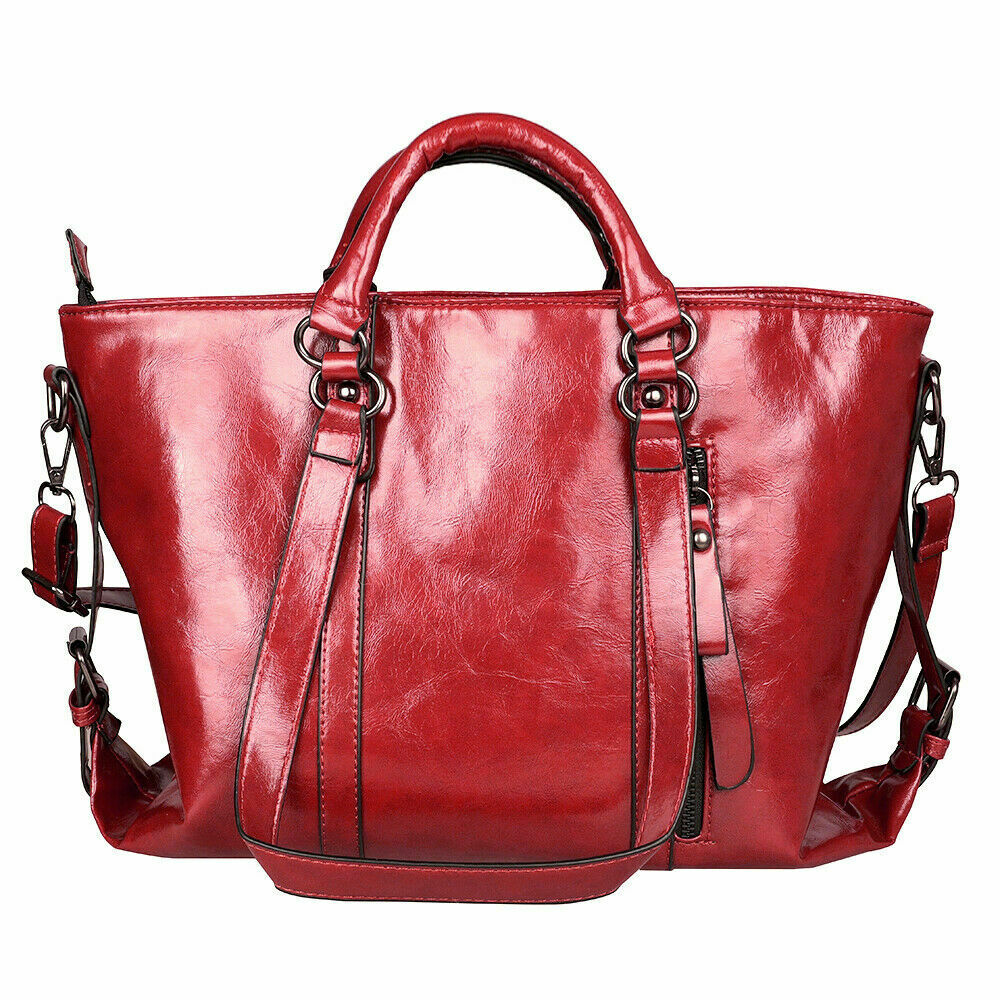 Women Oiled PU Leather Handbag Lady Briefcase Large Tote Shoulder Messenger Bag