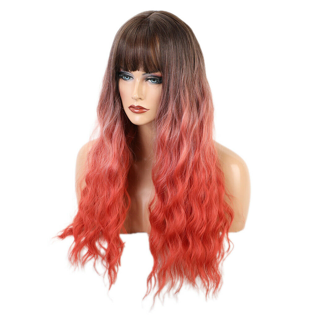 24" Brown Coral Ombre Synthetic Straight Bangs Long Wavy Curly Hair Wigs