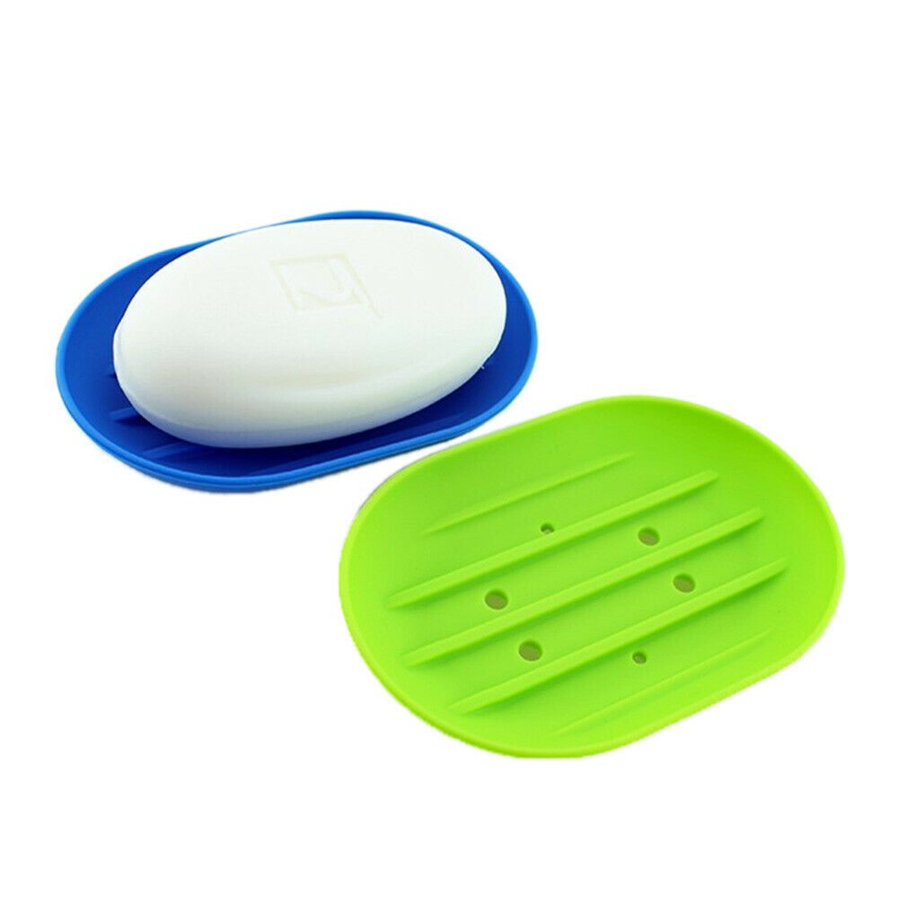 1x Oval Silicone Soap Dish Holder Drain Rack Tray Plate Storage Box Random Color