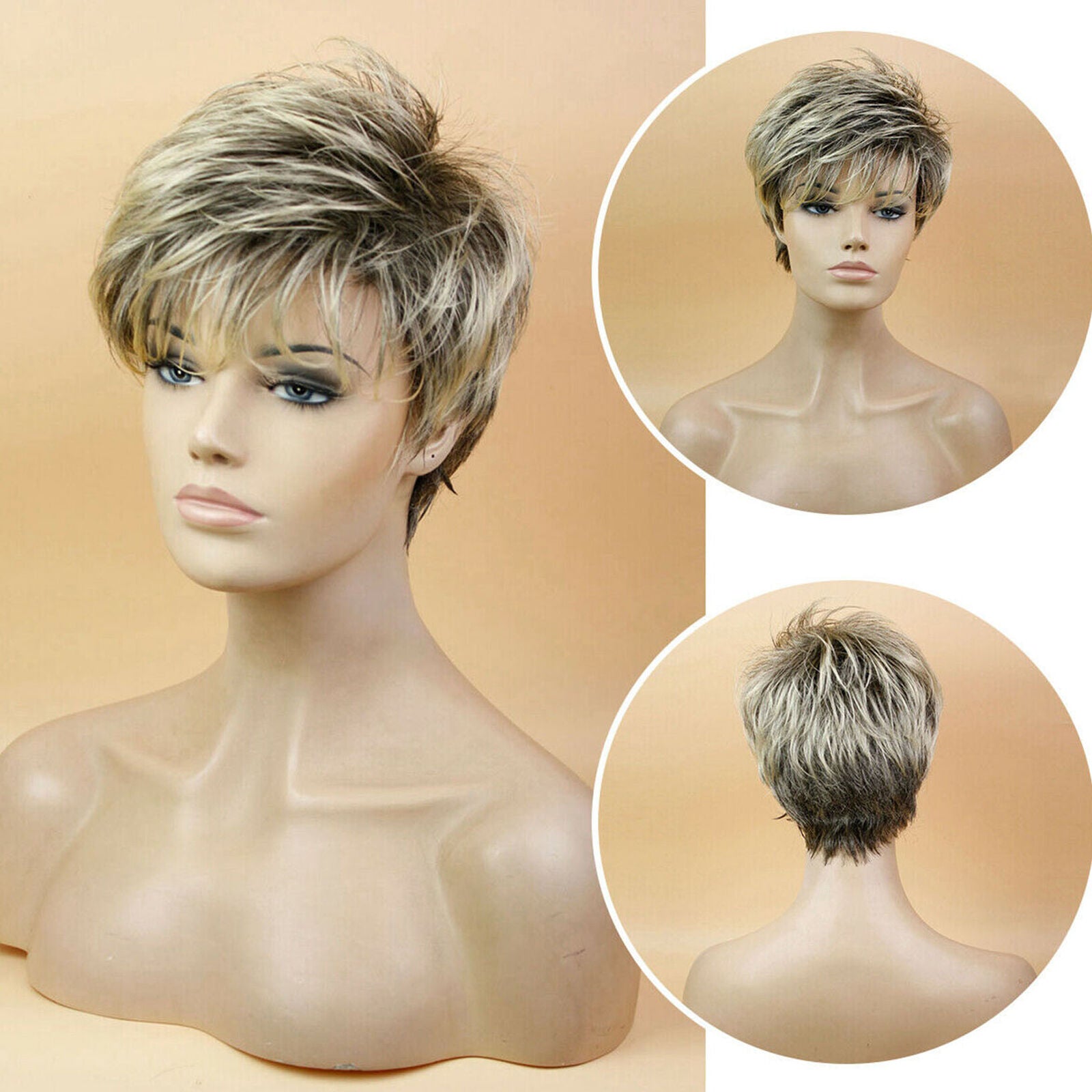 Ombre Brown Blonde Wigs for Women Synthetic Fluffy Hair Short Blonde Layered Wig
