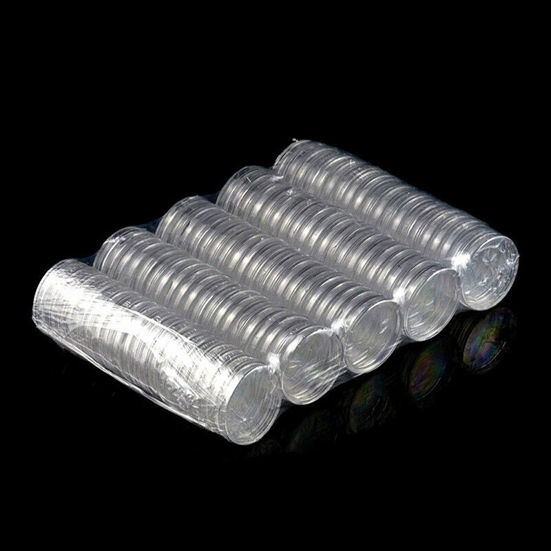 100Pcs 27mm Transparent Round Coins Collection Case Storage Box Holder Organizer