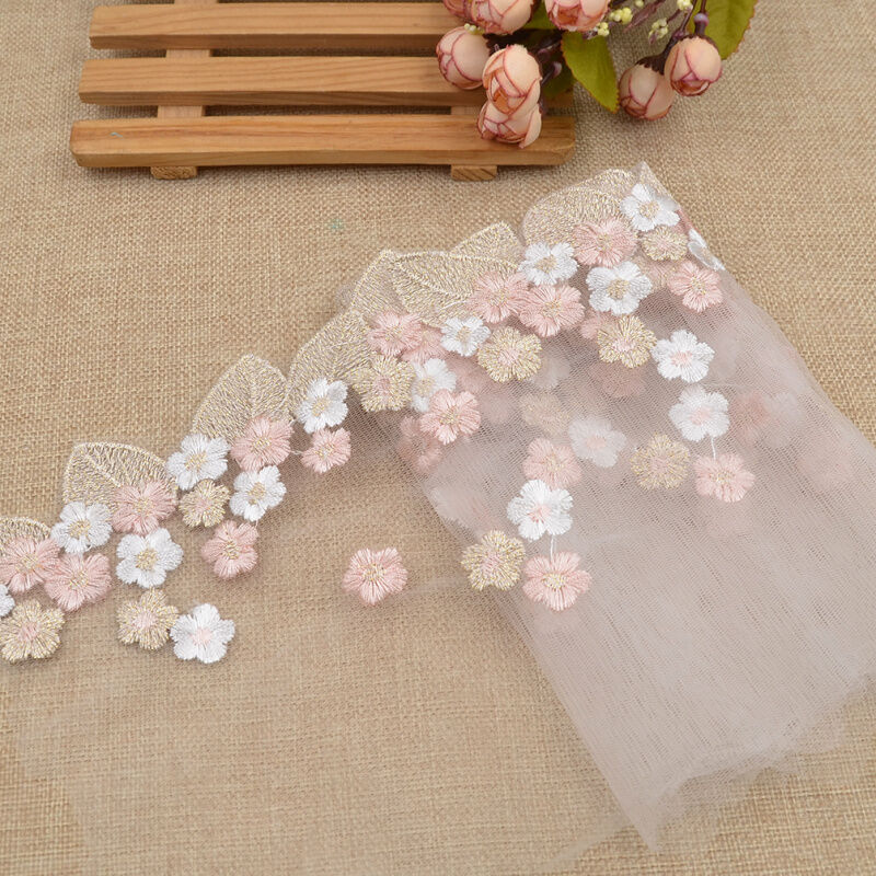 1 Yard Transparent Tulle Lace Trim White Pink Flower Embroidery Wedding Fabric