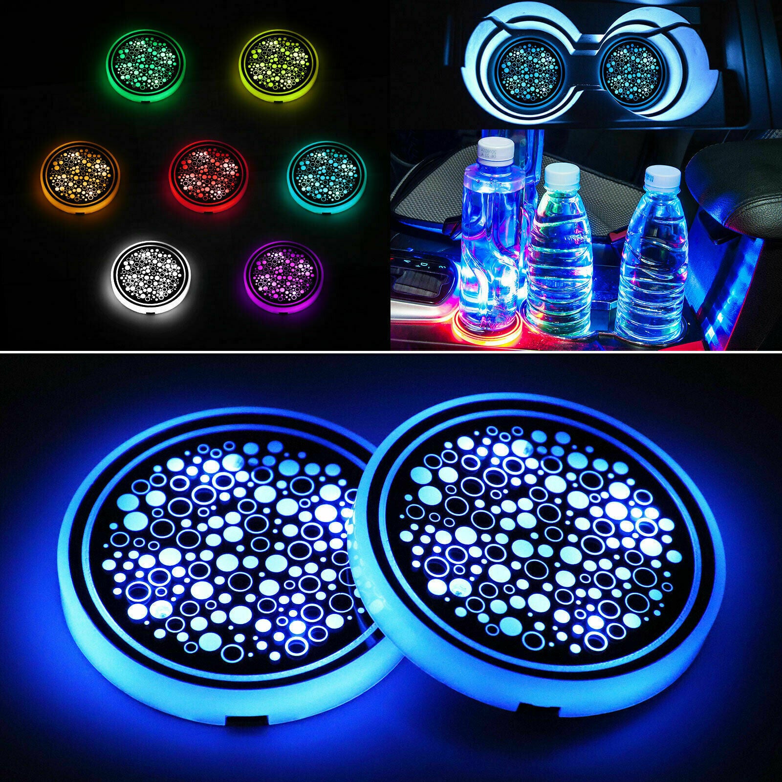 2Pcs Colorful Auto Car LED Cup Coaster Pad Holder Atmosphere Light Lamps Bottom