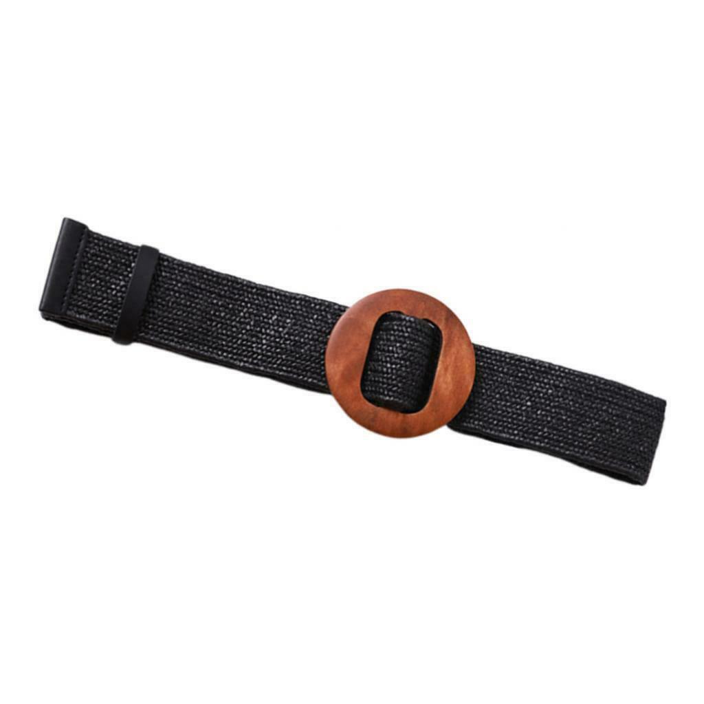 Braided Waistband Cinch Belt with Round Wooden Buckle Decorative Dress Belts