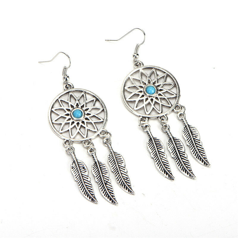 Bohemian Dreamcatcher Leaves Feather Pendant Necklace Earrings Jewelry .l8