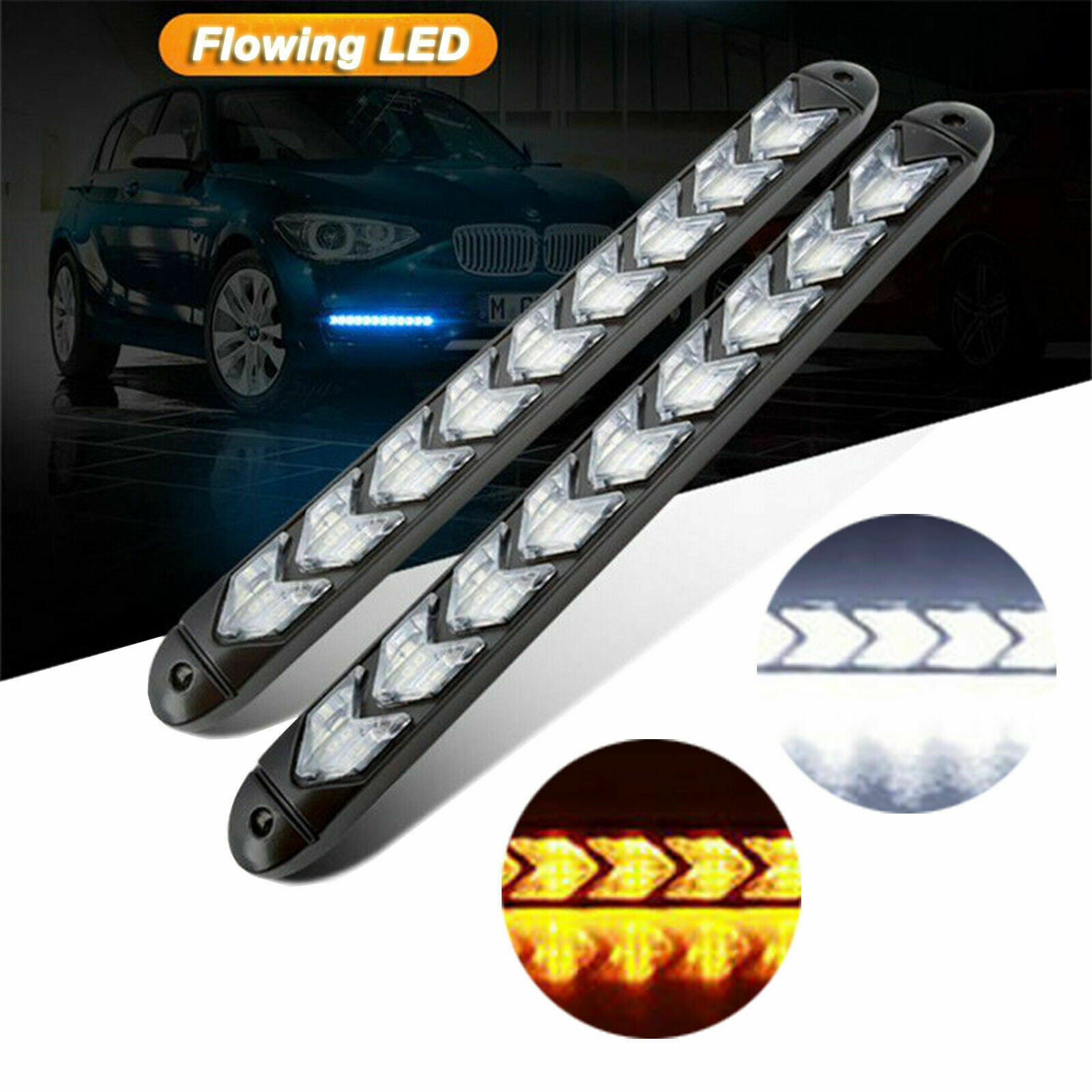2x Car LED Amber/White Switchback Flowing Strip Arrow Flasher Turn Signal Light