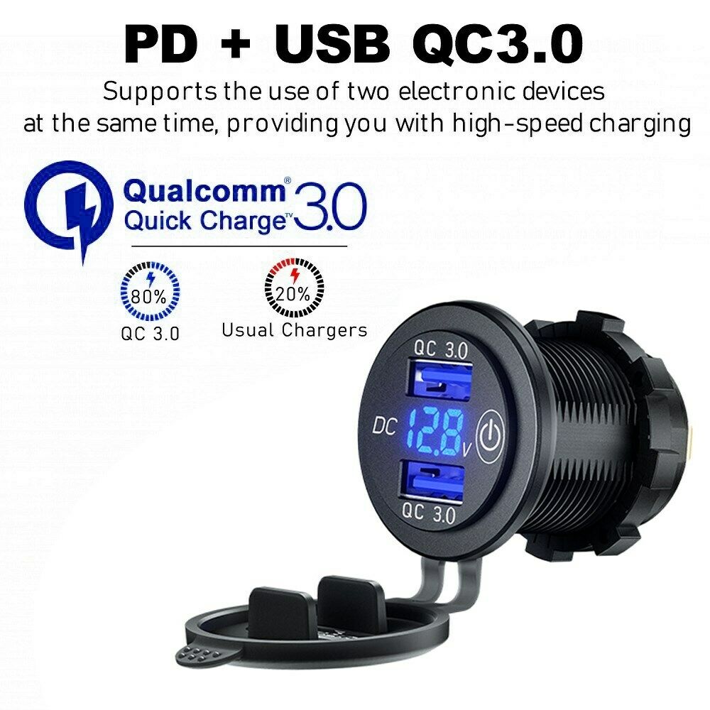 Adapter QC3.0 12V Car Boat Charger Socket Voltmeter With Switch L4-A Blue Light