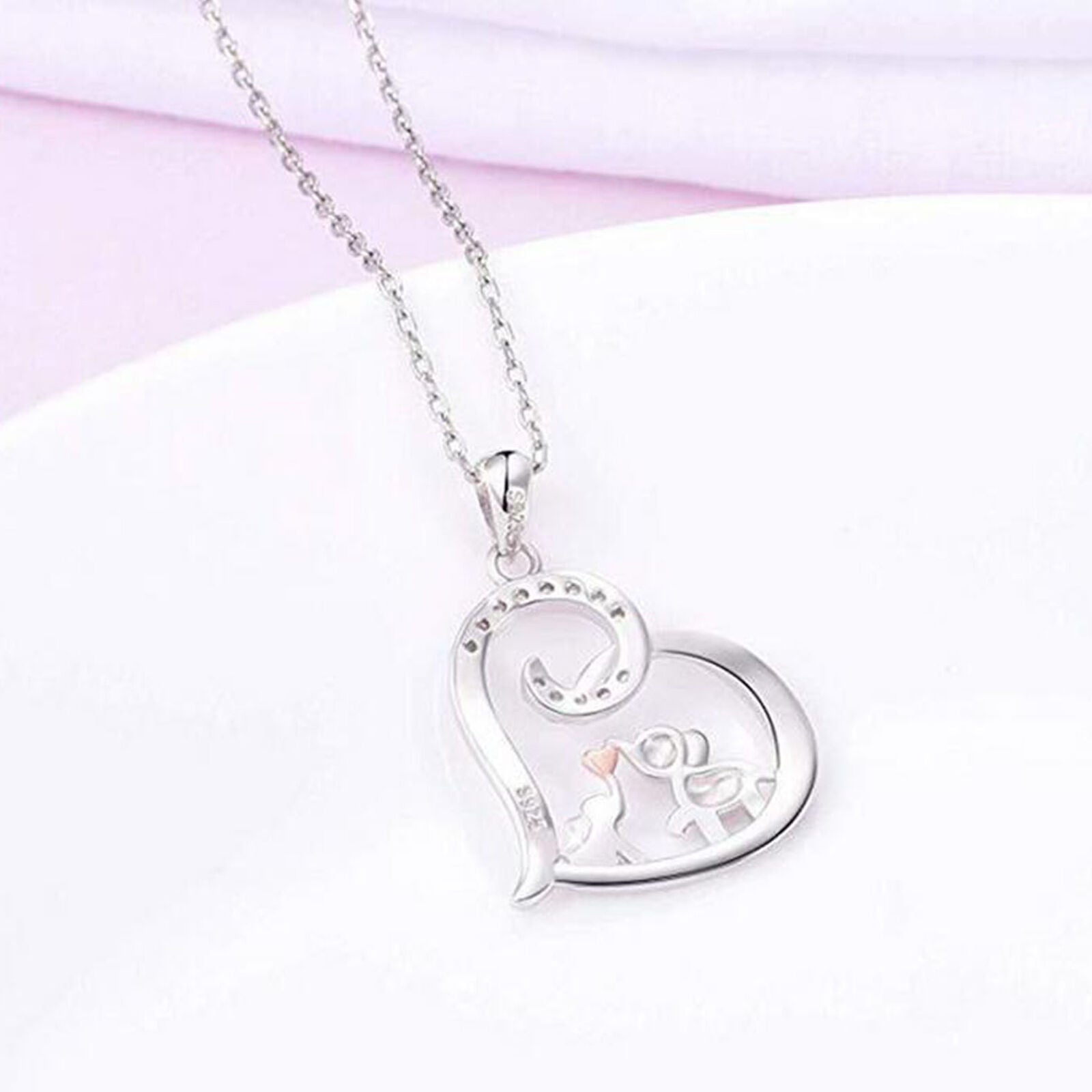 Women Pendant Rhinestone Heart-Shaped I Love You Baby Elephant Kiss Necklace