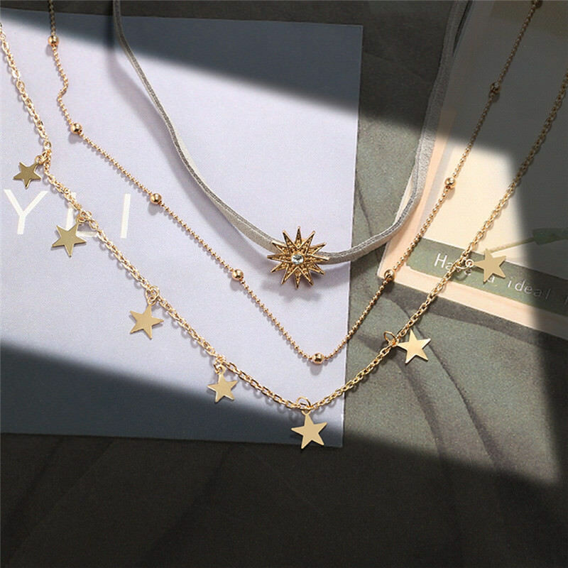 Lady Sun Star Pendant Choker Chunky Chain Multi Layer Boho Necklace Jewel.l8