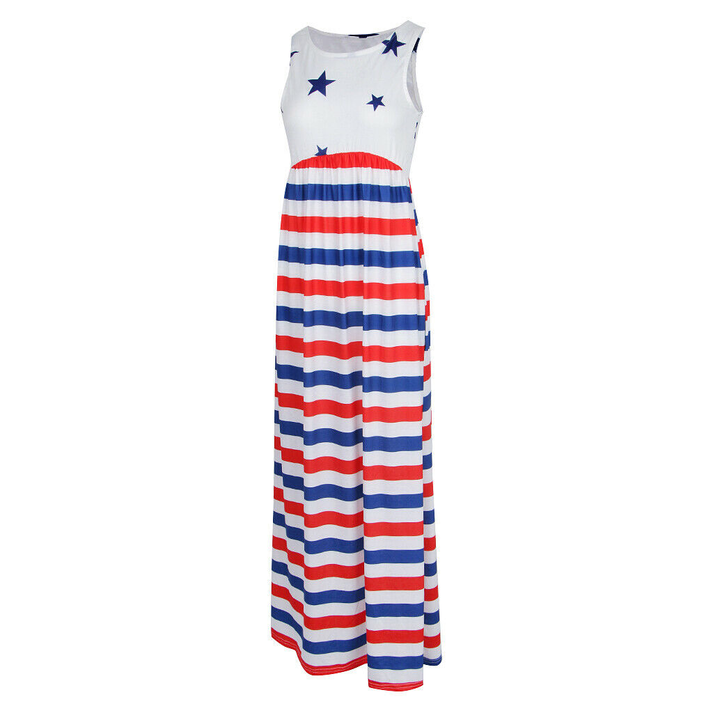 Women Casual Stars and Stripes Prints Sleeveless Maxi Tank Dress M Style 1