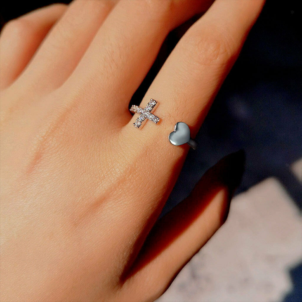 Cross Heart Rings Rhinestone Fashion Opening Rings Jewelry for Women Girls