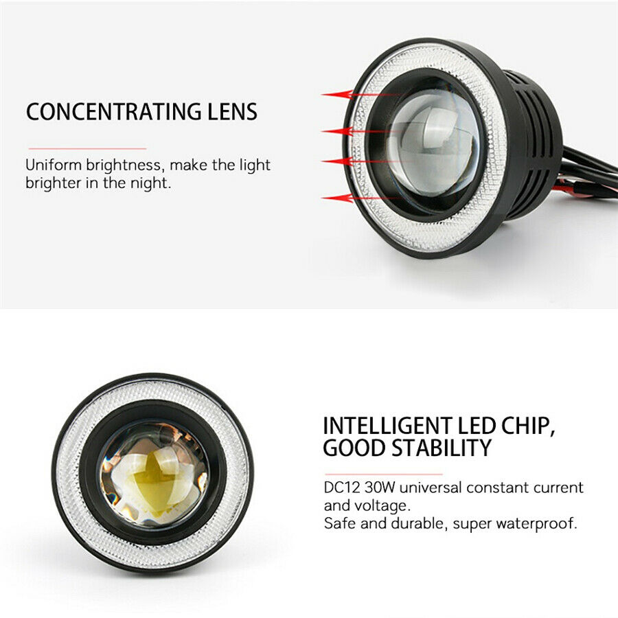 Universal Pair 3.5" COB LED Fog Light Projector  White Angel Eyes Halo Ring DRL