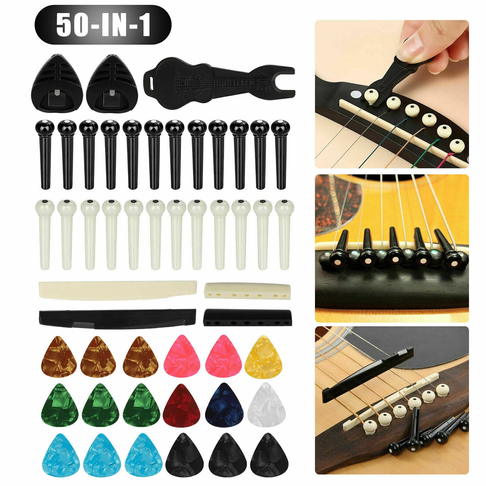 24PCS Acoustic Guitar Bridge Pins Pegs+18 Guitar Picks+2 Set Saddle Nut+Puller
