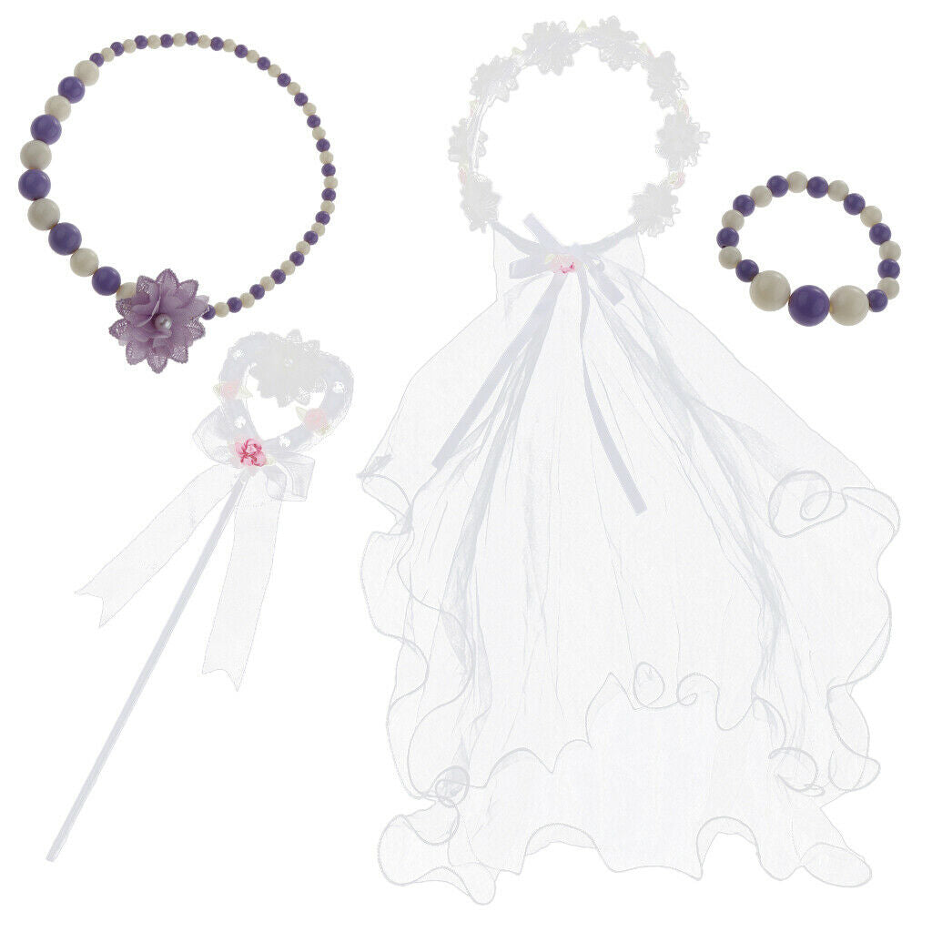 Girls Floral Princess Costume Headband Veil Stick Necklace Wristband  White