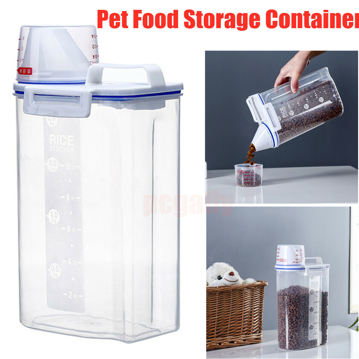 Pet Food Storage Container Airtight Dog Cat Foods Measuring Cup Clear Large 2.5L