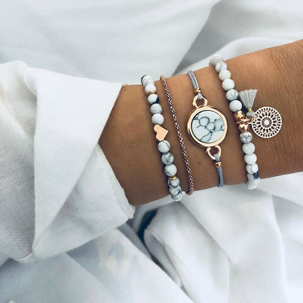 4PCS Trendy Marble Beads Tassel Handmade Bohemian Charm Bracelet Jewelry Fashion