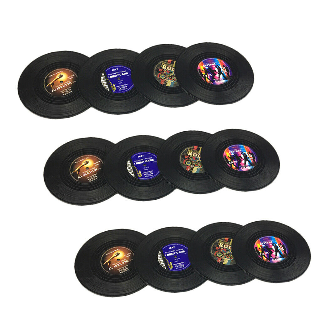 12 Pieces Drink Cup Mat Insulated Silicone Coaster Black Vinyl Record 10cm