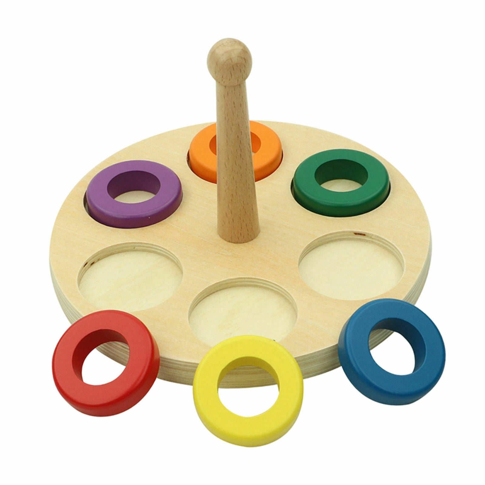 Montessori Wooden Stacking Rings Toys with 6Pcs Rainbow Colored Rings and Solid