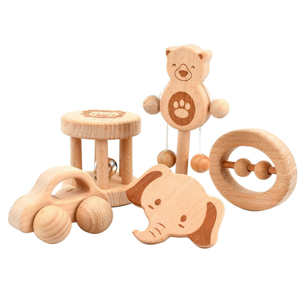 5Pcs/Set Wooden Teether Rattle Toys Beech Wood Teething Ring Montessori Toys