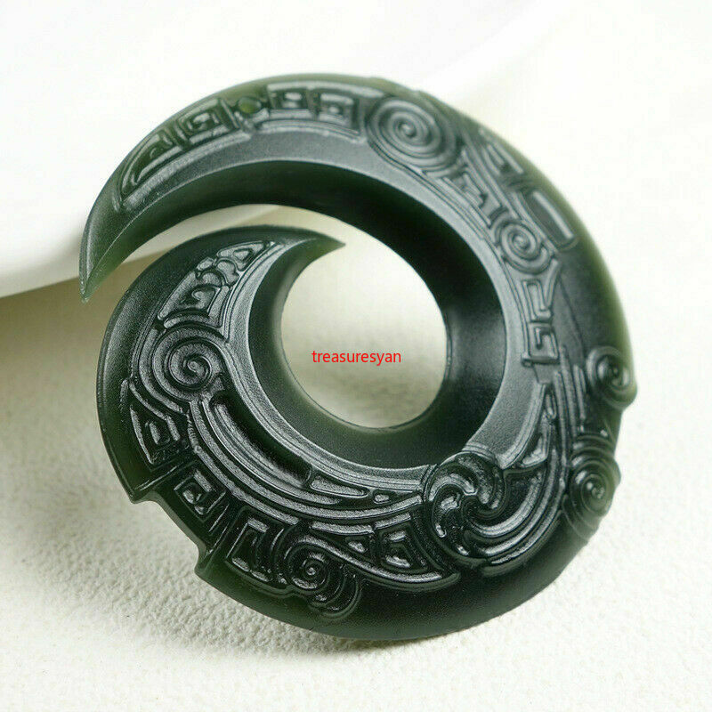 Certified Natural Hetian Cyan Jade Pendant Auspicious Hook Double Side Carved