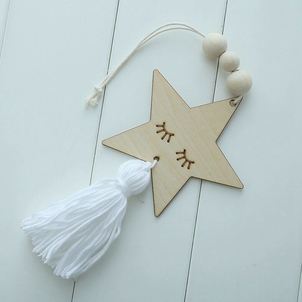 Nordic Wooden Beads Tassel Pendant Girls Wall Hanging Ornament Star White