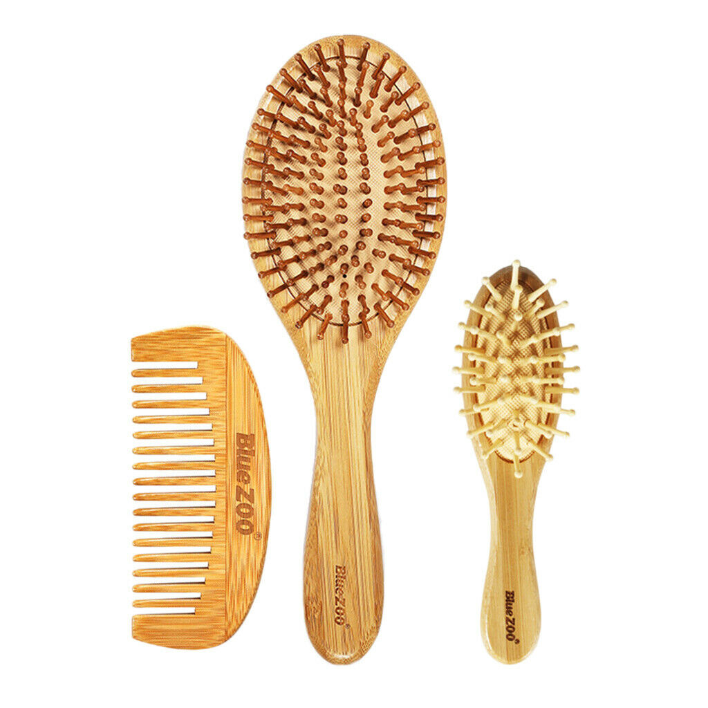 3x Bamboo Wooden Hair Brush Air Cushion Comb Scalp Massage No Hair