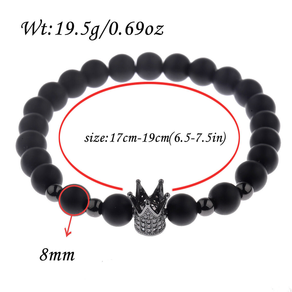 8MM Crown Natural Stone Matte Black Charm Men's CZ Copper Bead Chuck Bracelet