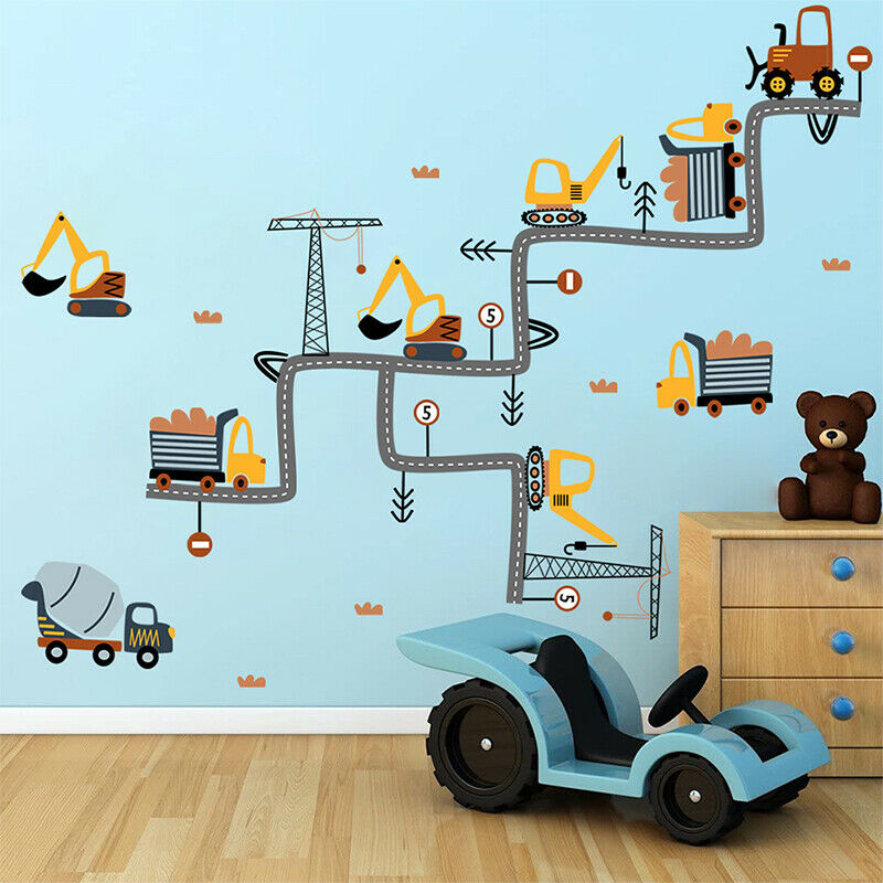 Cartoon Excavator Road Wall Stickers For Kids Baby Rooms Boys mural artM Qx