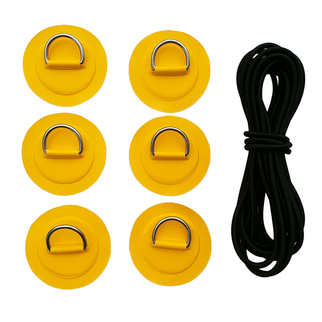 6 Pack Stainless Steel D-ring Patch Yellow Pad + 5m Black Shock Cord for Kayak