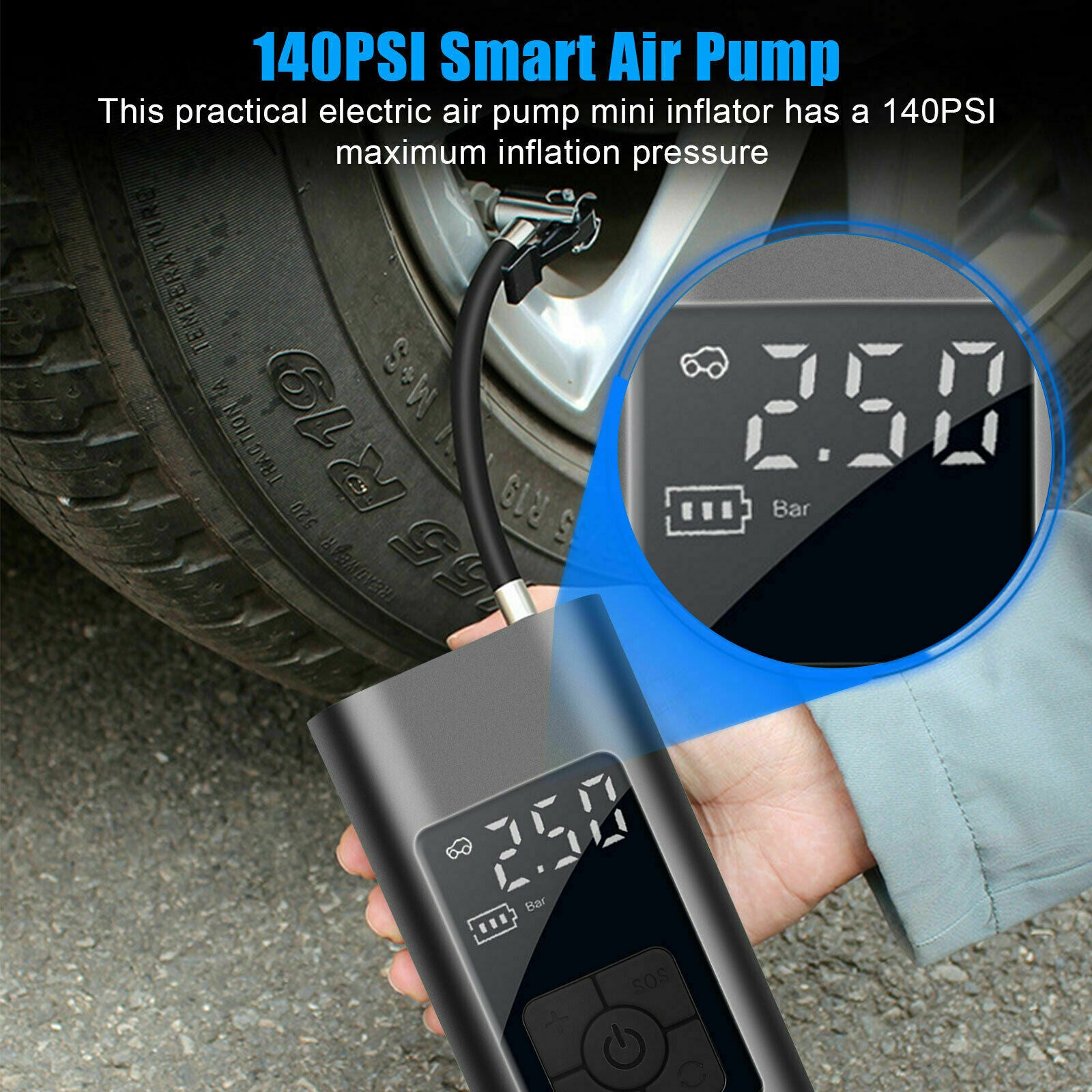 140PSI Car Rechargeable Air Pump Wireless Electric Tire Inflator w/LED display