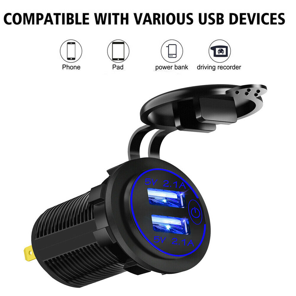 12V-24V 4.2A Car Dual USB Fast Charger w/ Wire & Terminal Motorcycle Universal