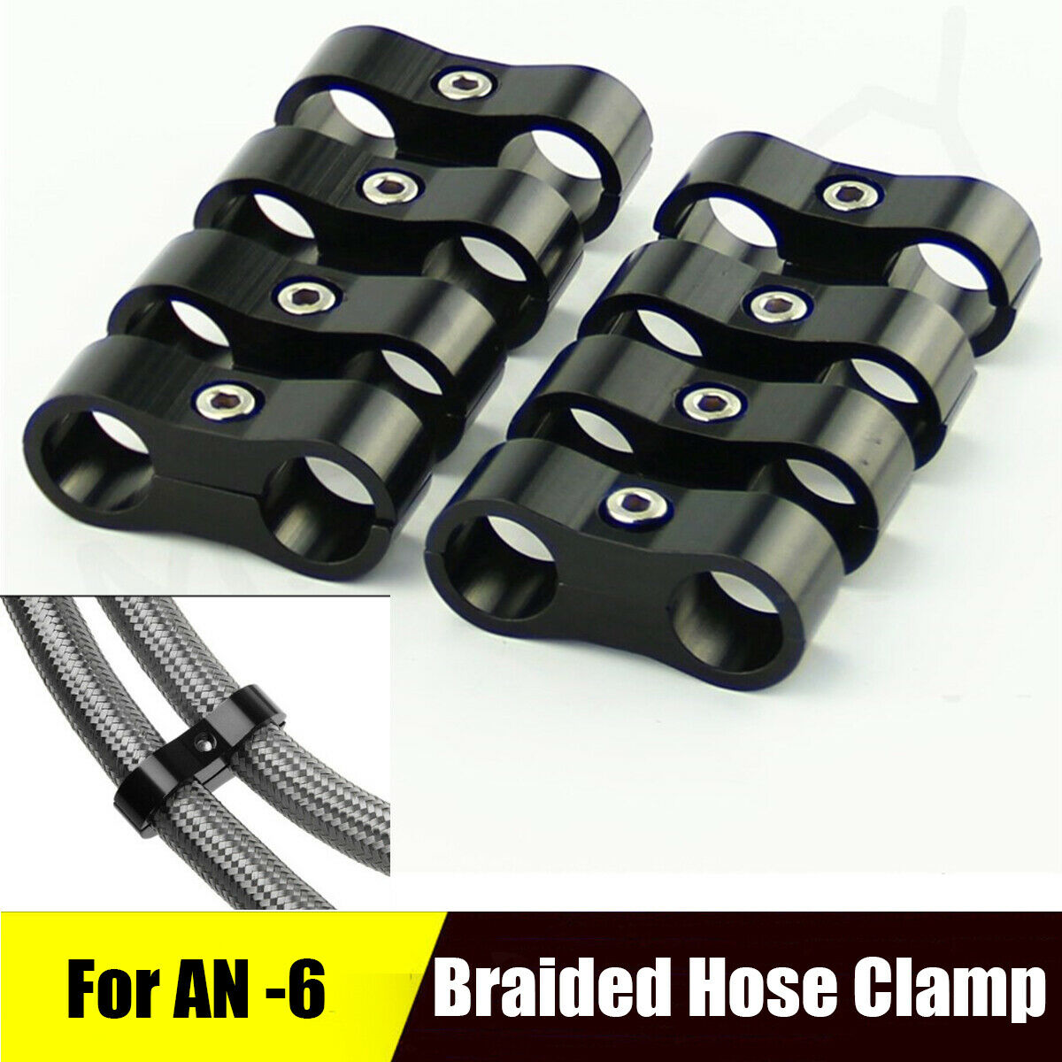 8pcs AN-6 AN6 14MM Braided Hose Separator Clamp Bracket Black Oil Fuel Hose Line