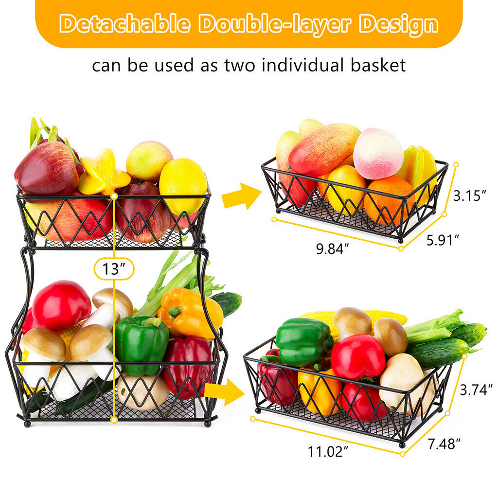 Detachable 2-Tier Fruit Basket Fruit Holder Kitchen Stand for Fruits Black