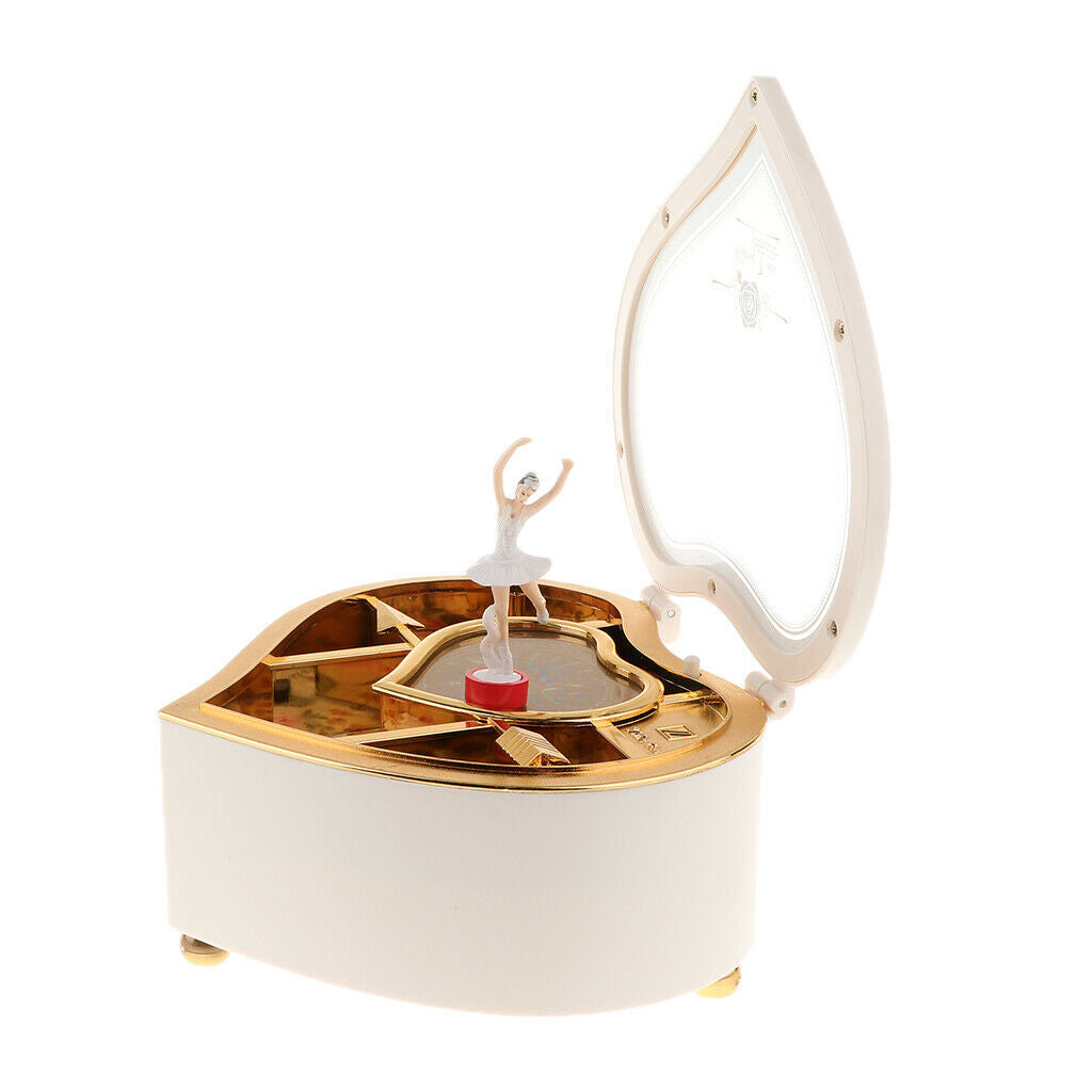 Romantic Heart Shape Rowling Ballerina Musical Jewelry Storage Box  White