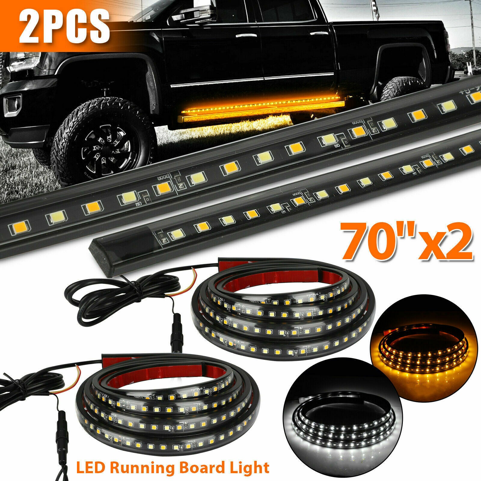 2X 70" Running Board LED Light Side Step Strip Bar White Amber Turn Signal Truck