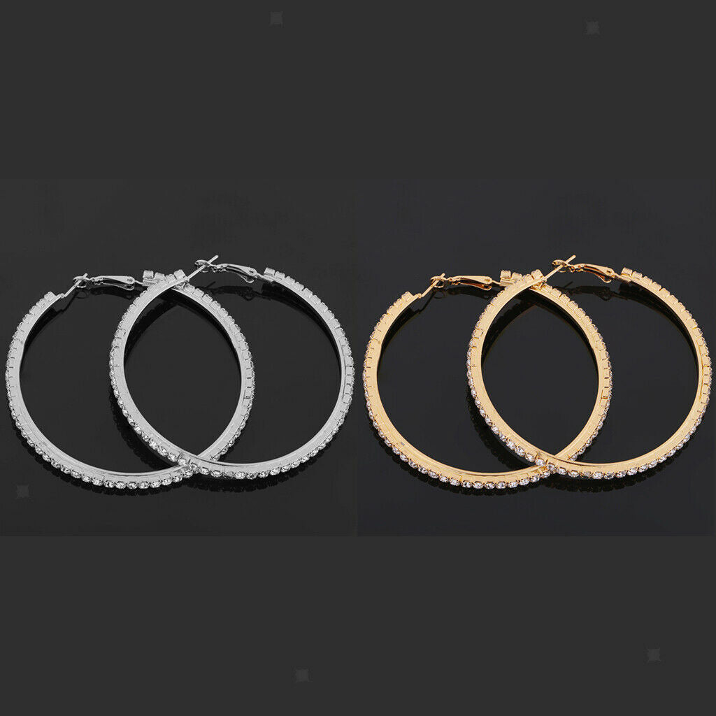 Women Girls Crystal Alloy Smooth Big Large Round Hoop Earrings 80mm 2Pairs