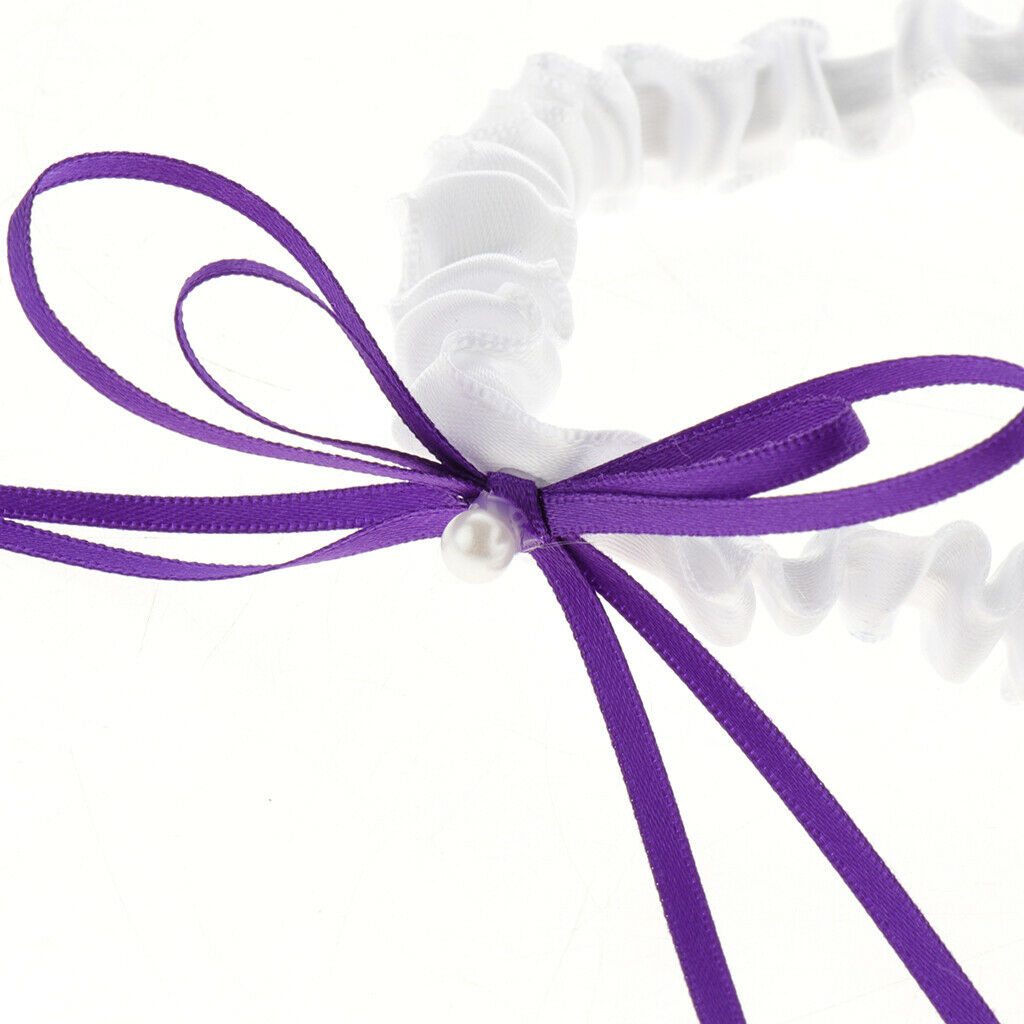 Wedding Bridal Garter Set Pearls Bow Satin Toss Garter Keepsake Purple