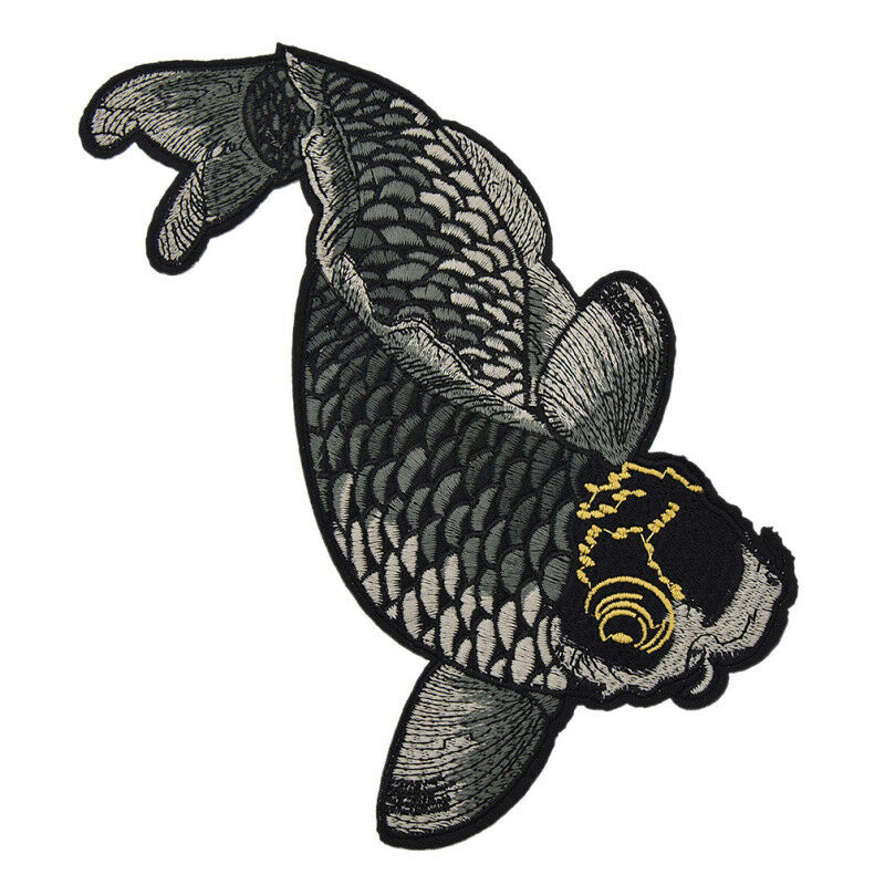 2 Pcs Koi Fish Japanese Sew Iron On Patches Embroidered DIY Applique Black Carp