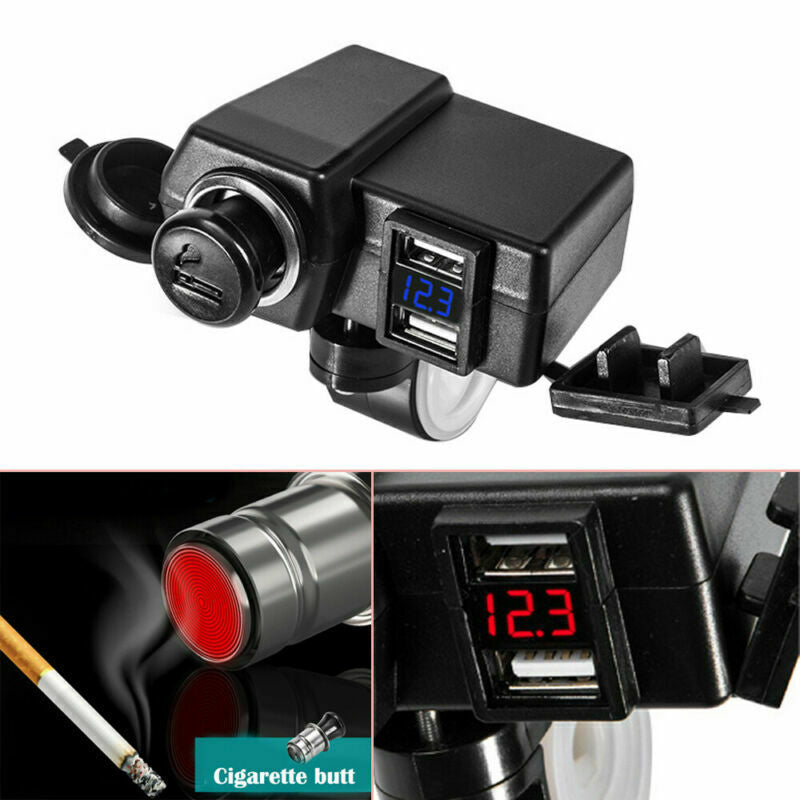 12V 4.2A Dual USB ATV Scooter BlueLED Charger Socket Voltmeter Cigarette Lighter