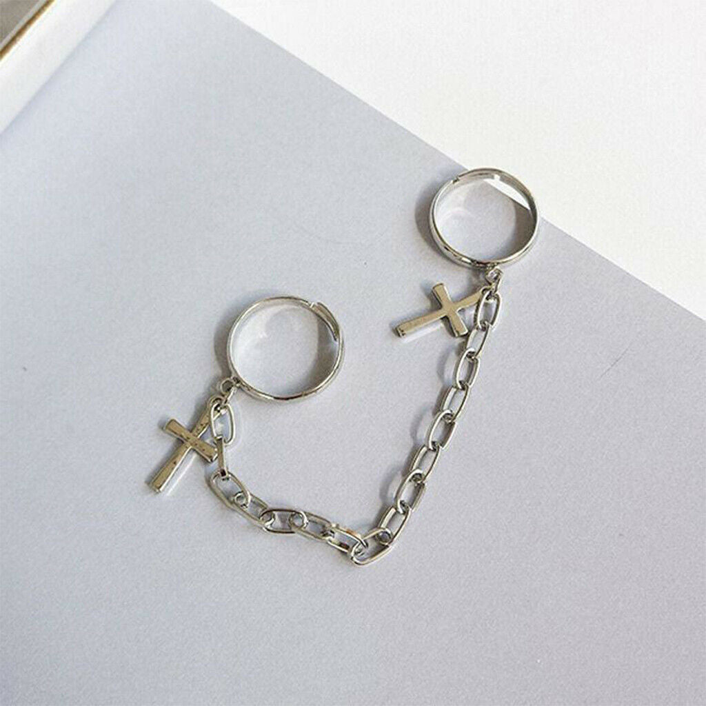 Cross Adjustable Open Ring Fashion 2 Connecting Punk Rings Chain Women Gift
