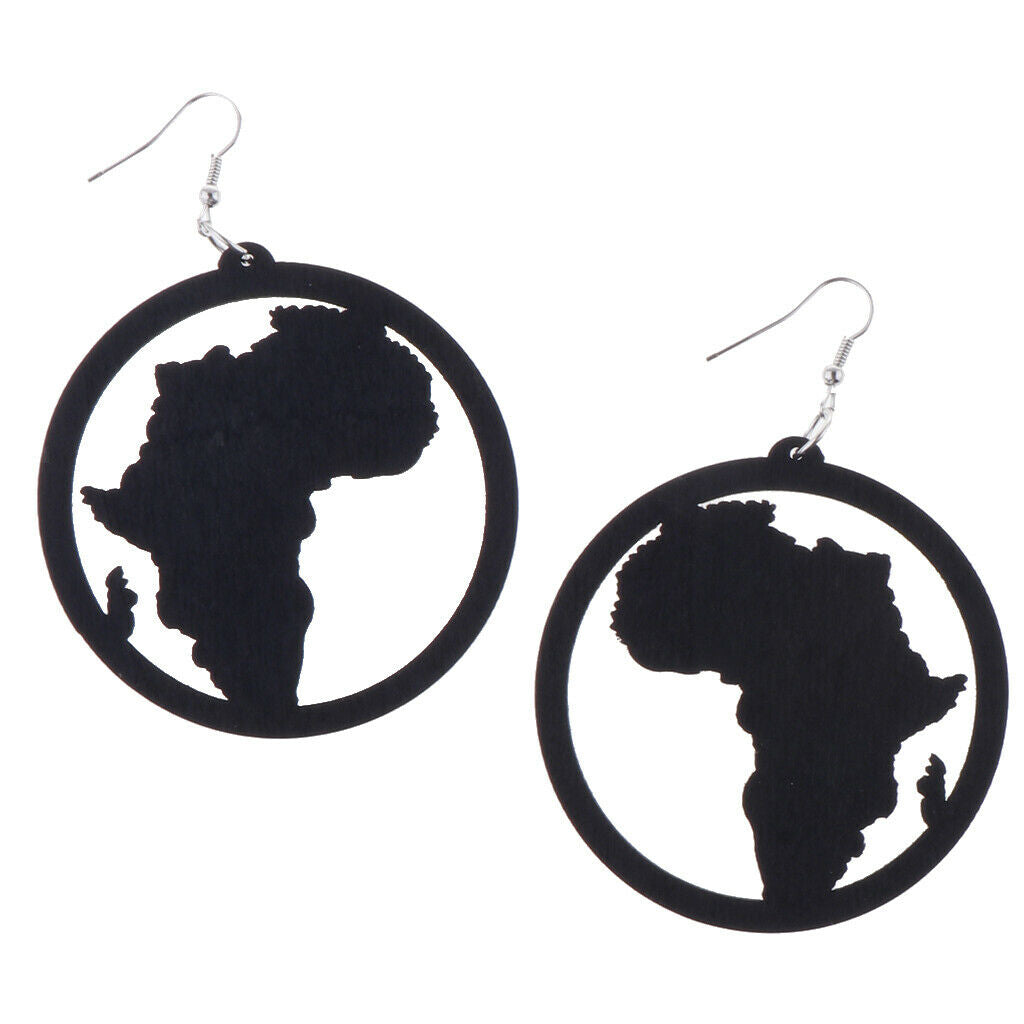 2 Pair Exaggerate Geometric African Map Wooden Drop Dangle Hook Earrings Set