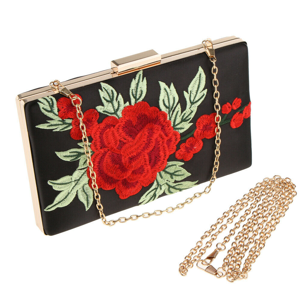 Elegant Embroidered Rose Flower Shoulder Chain Bag Evening Prom Clutch Purse