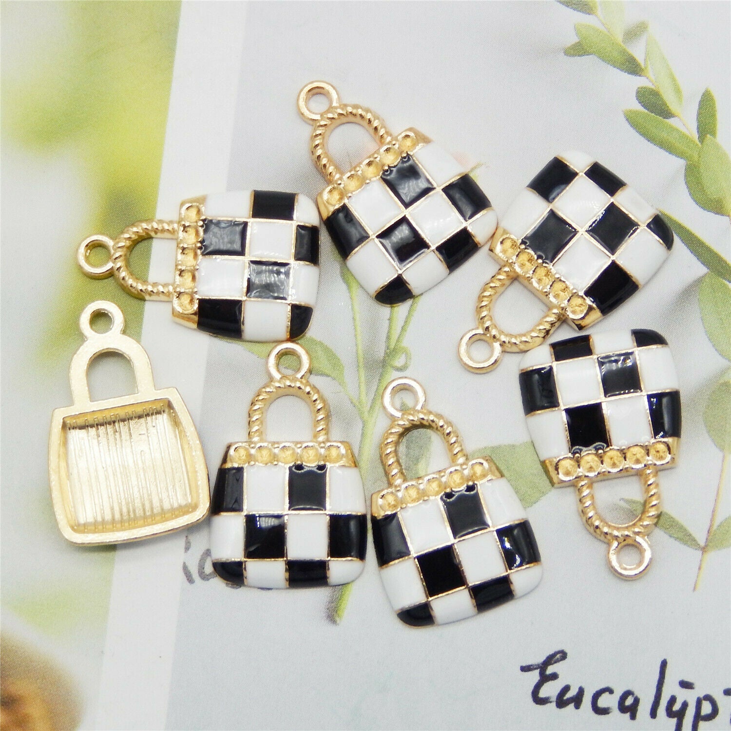 30pcs Enamel Black&White Check Handbags Charms Jewelry DIY Findings Accessories