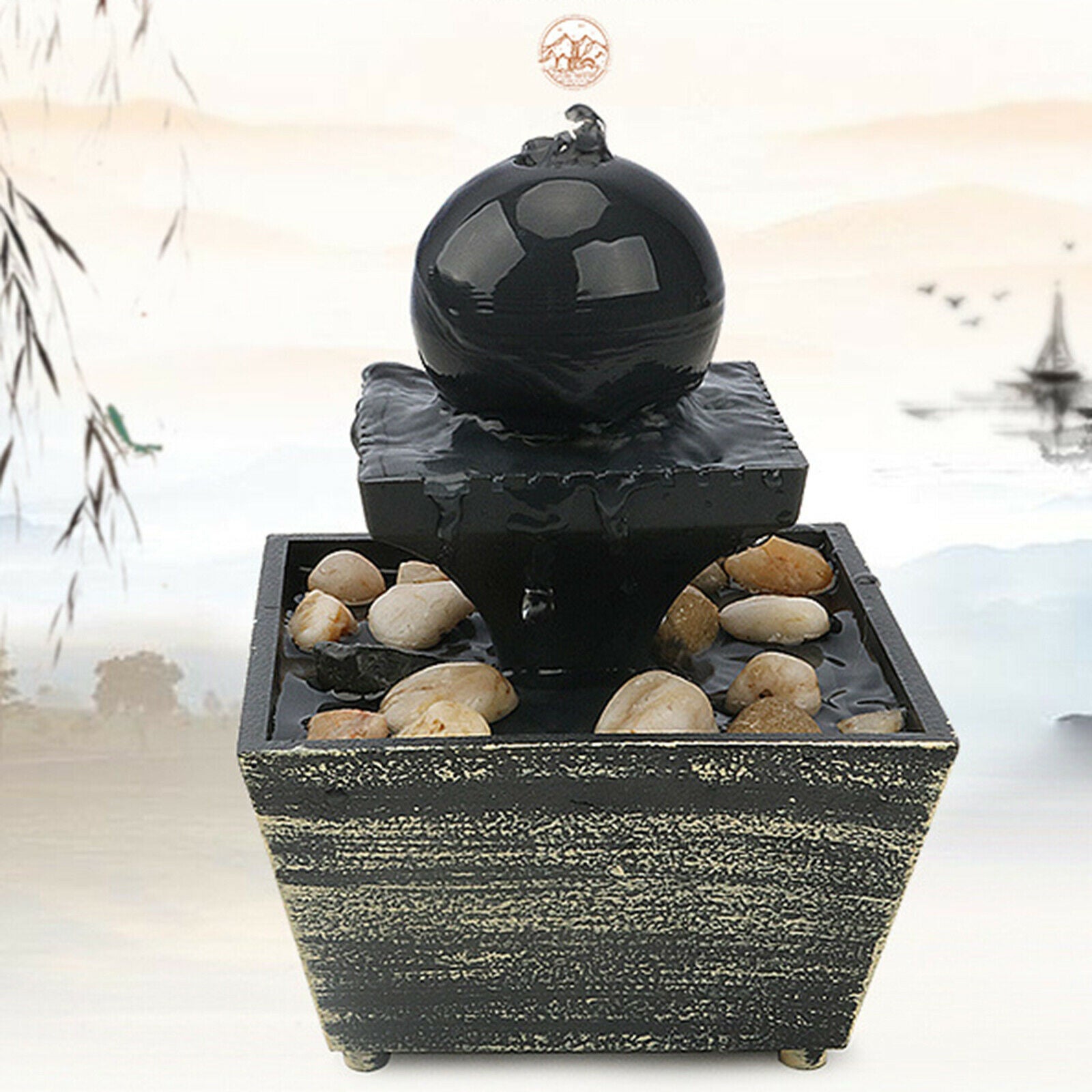Waterfall Scene Tabletop Feng Shui Meditation Waterfall Fountain Decor USB LED