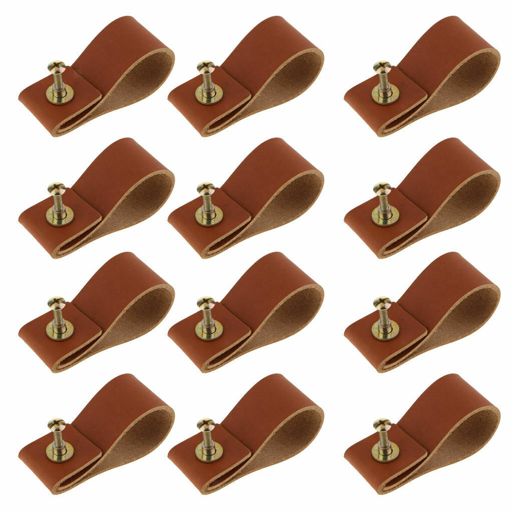 Set of 12 Leather Handle Cabinet Door Drawer Pull Strap, Leather Loops Furniture