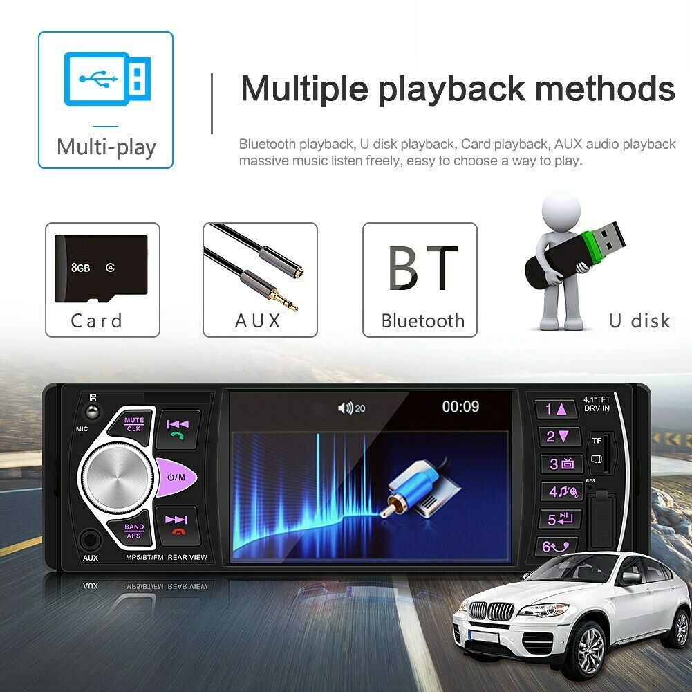 4.1 Inches Car Radio Stereo 1DIN Bluetooth FMB AUX Audio MP5 Player + Camera