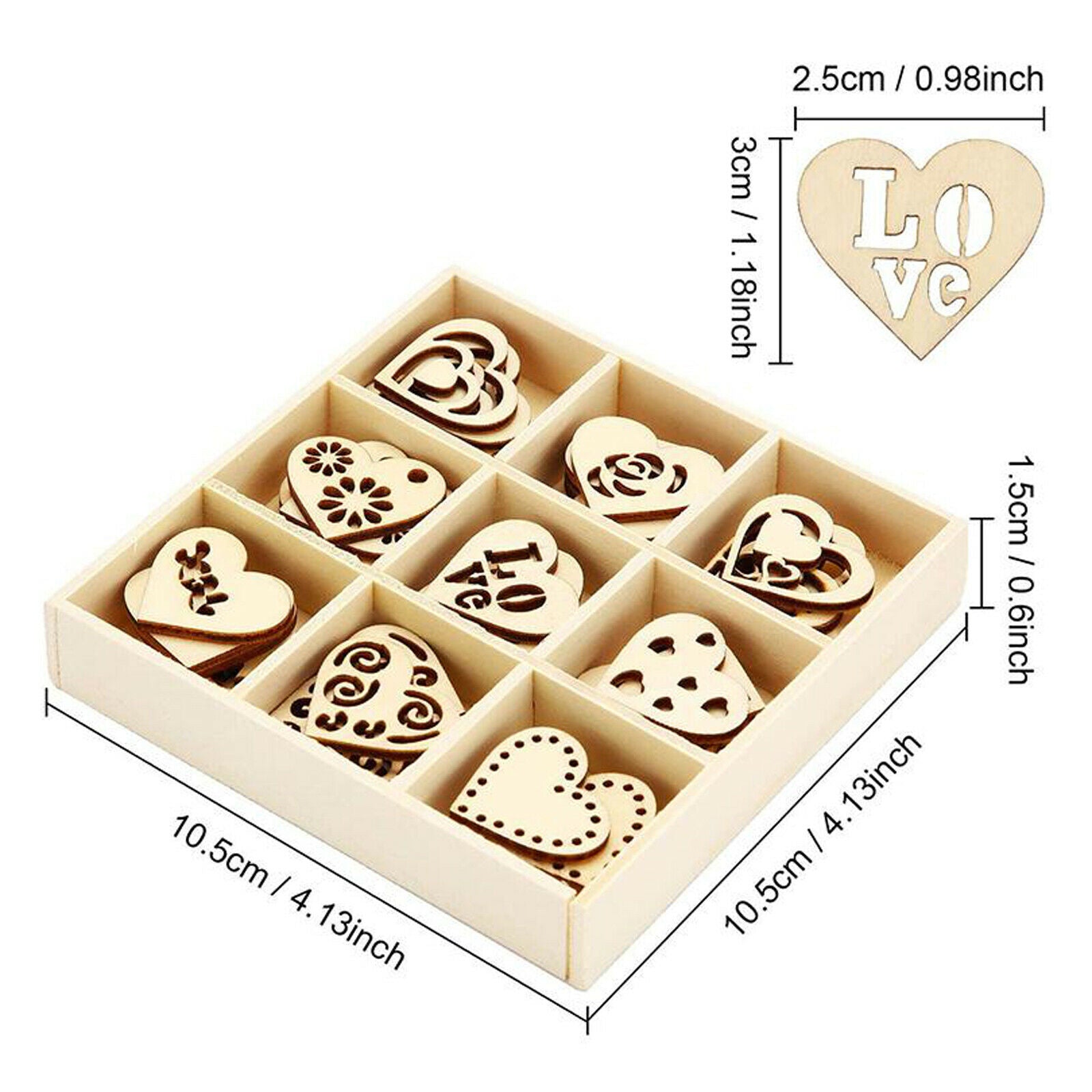 45Pcs Wooden Ornaments Heart Wood Embellishments Crafts Set Hollow Design with