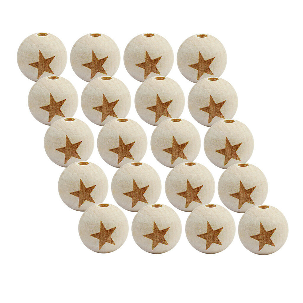 20pcs Star Printed Unfinished Wood Round Wooden Beads for DIY Crafts 20mm